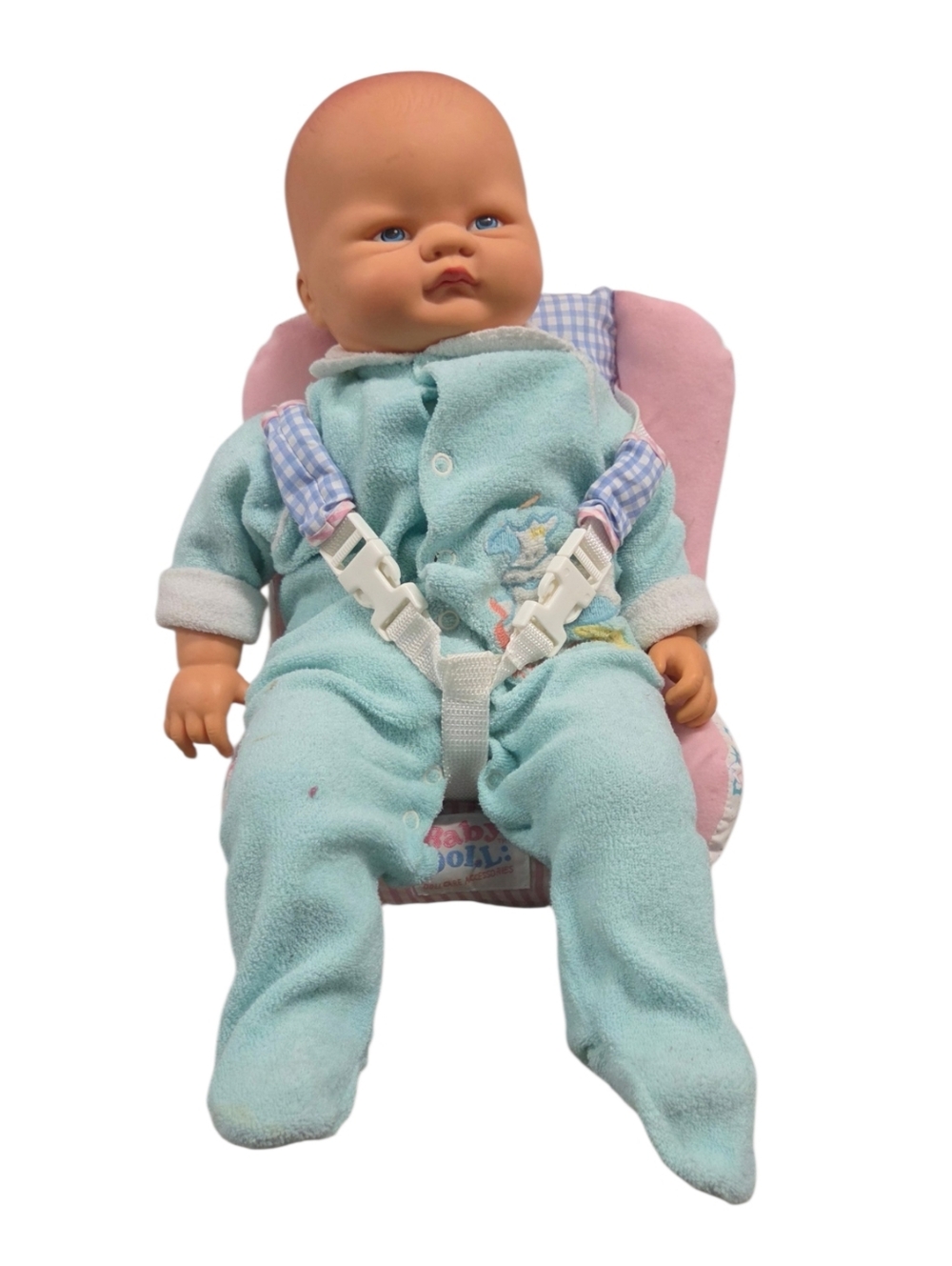 Vintage Vinyl Red Head Cloth Body Blue Eyes Doll Floral Backpack Carrier